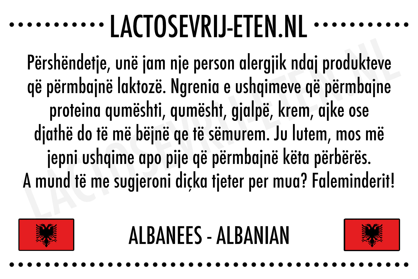 Lactosevrije allergenenkaart Albanees