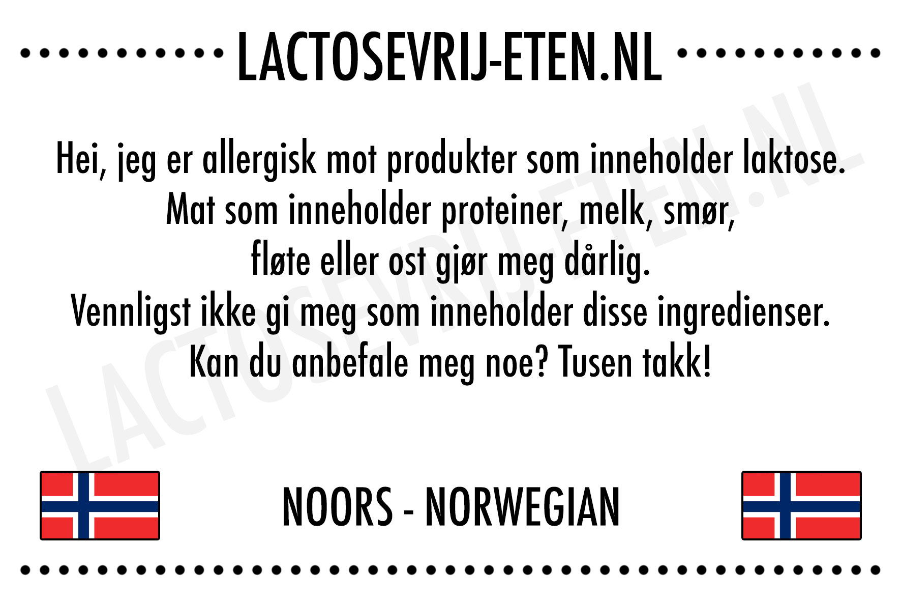 Lactosevrije allergenenkaart Noors
