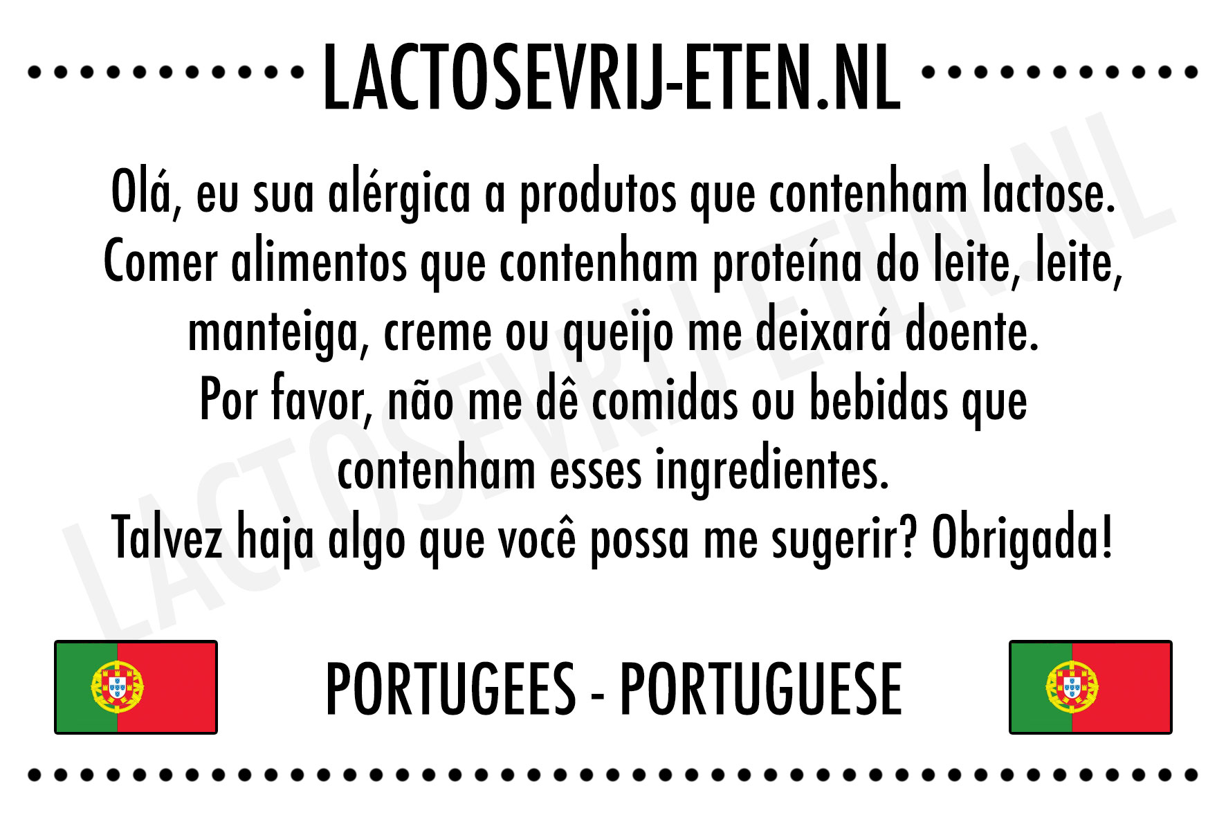 Lactosevrije allergenenkaart Portugees